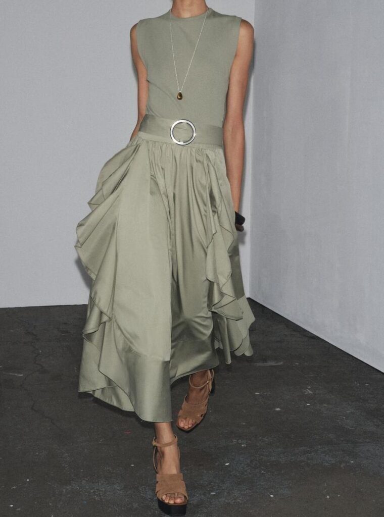 Custom Women Clothes Chic Sage Green Outfit: Sleeveless Top + Ruffled Midi Skirt