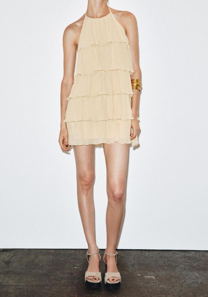Custom Romantic Cream Halter Neck Tiered Mini Chic Halter Neck Boho Elegant Textured Dress