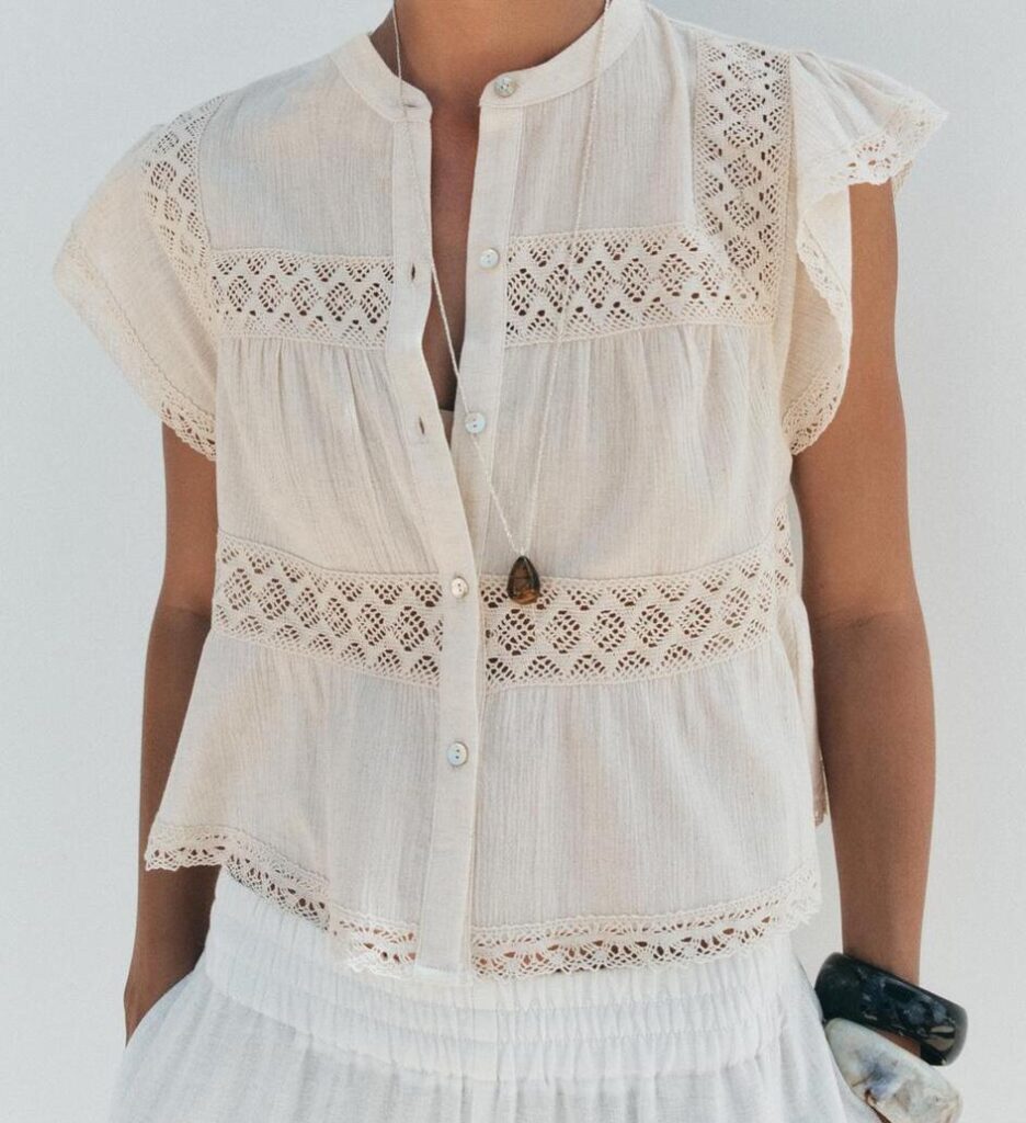 Custom Boho Chic White Linen Top with Crochet White Linen Button Front Tops