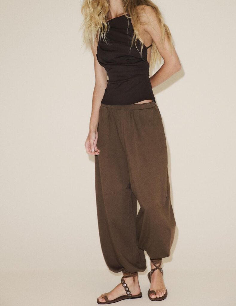 Custom Effortless Chic Asymmetric Black Shoulder Black Top + Brown Harem Pants Women Suits