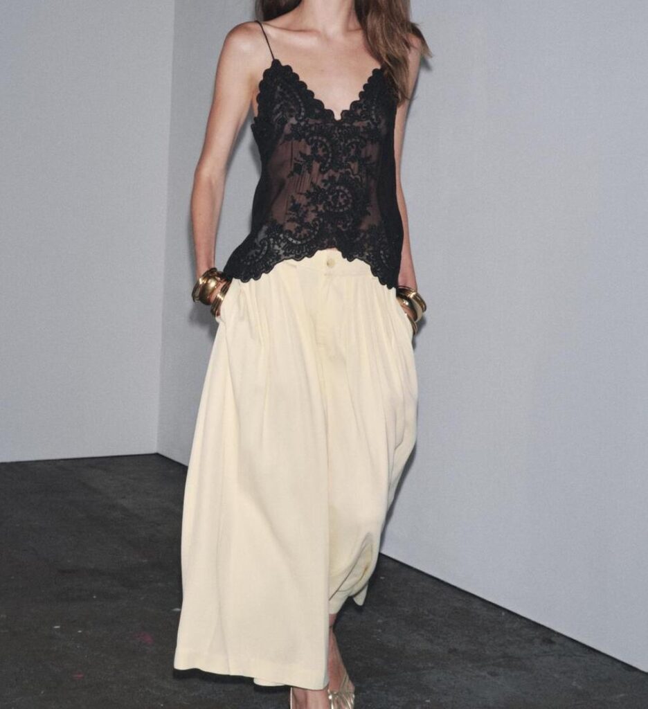 Custom Elegant Black Lace Camisole + Creamy Wide Leg Pants Outfit Cream Trousers
