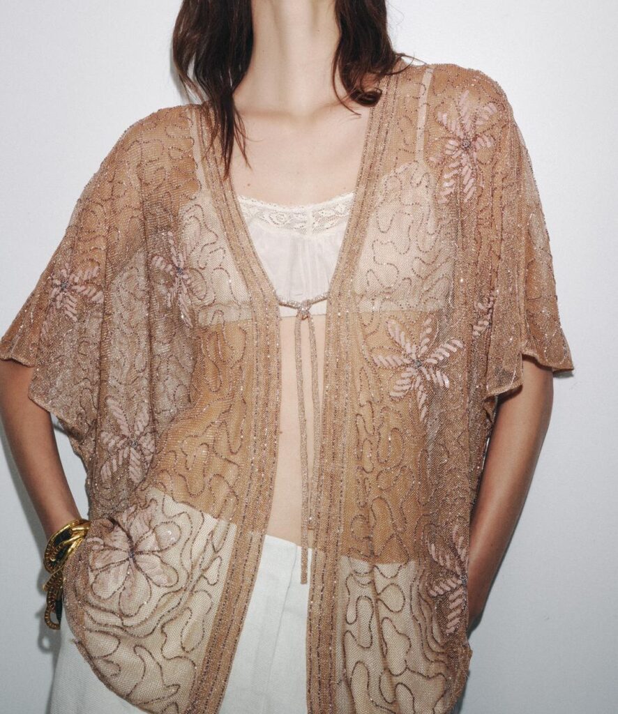 Custom Chic Beige Sheer Knit Cardigan with Embroidered Flowers Mesh Vintage Tops