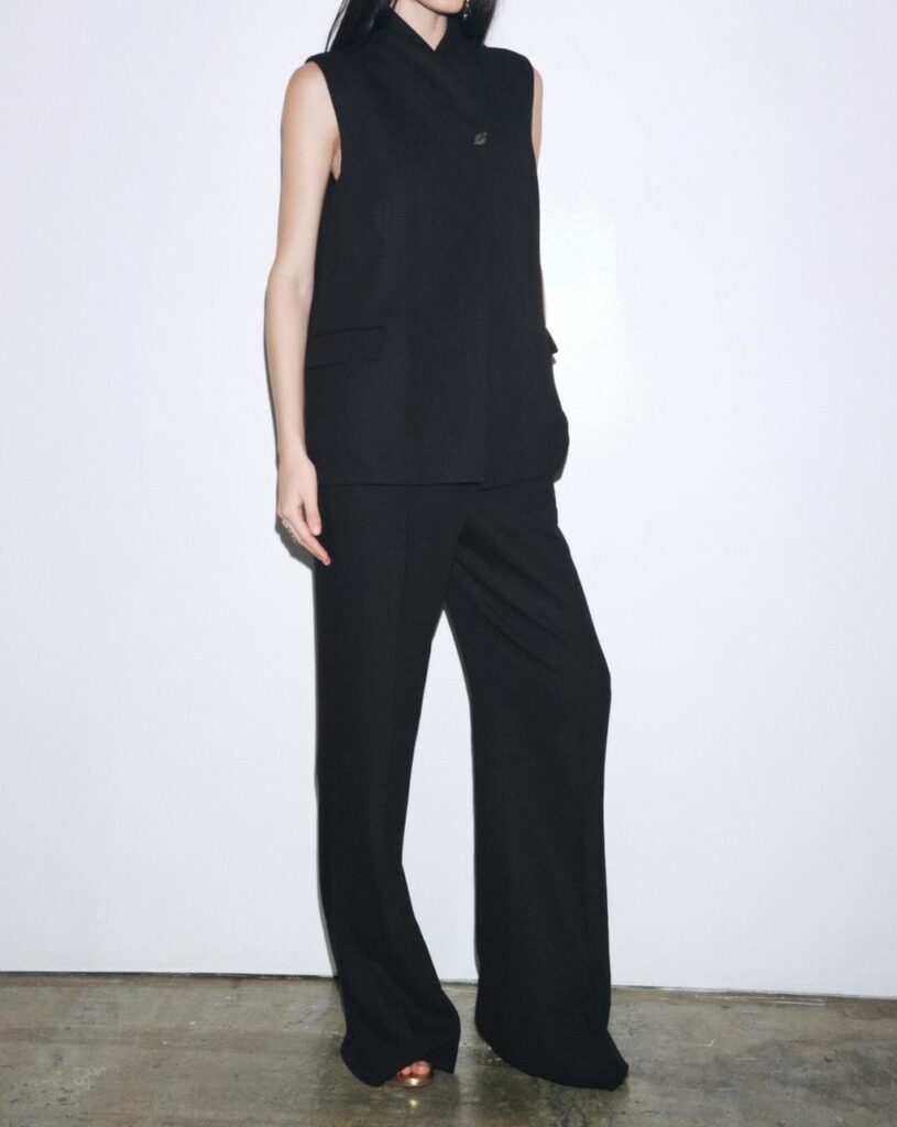 Custom Chic Monochromatic Look Black Collared Vest +Wide  Leg Trousers Women Suits