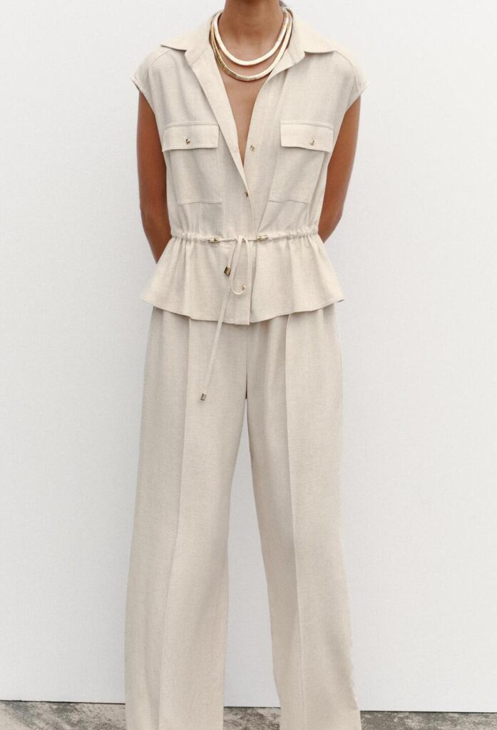 Custom Elegant Beige Linen Sleeveless Blouse & Wide Leg Trousers for Daily Leg Pants Sets