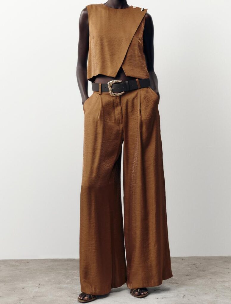 Custom Chic Asymmetric Crop Top + Wide Leg Trousers in Warm Brown Women Sets