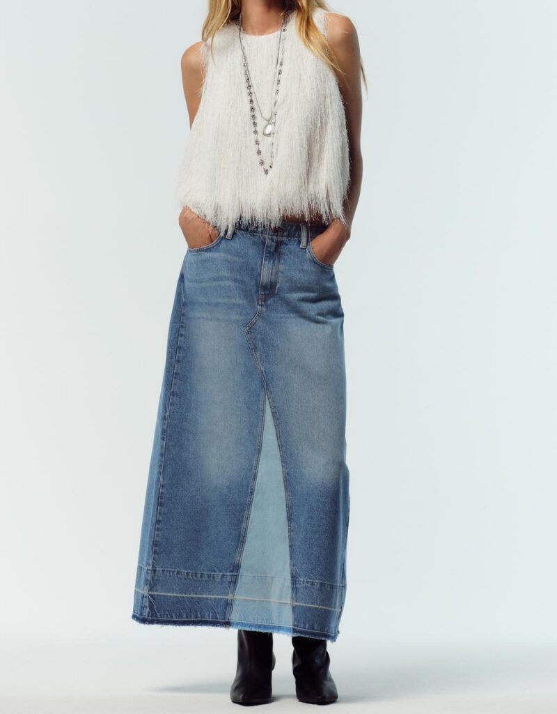 Custom Chic White Fringed Vest Fringed Top + Elegant Denim Maxi Skirt Set Women Suits