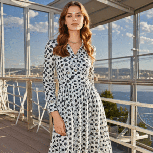 Custom Polka Dot Print Shirt Dress with Long Sleeves Maxi Dress with Long Sleeves and Shirt Collar Dress