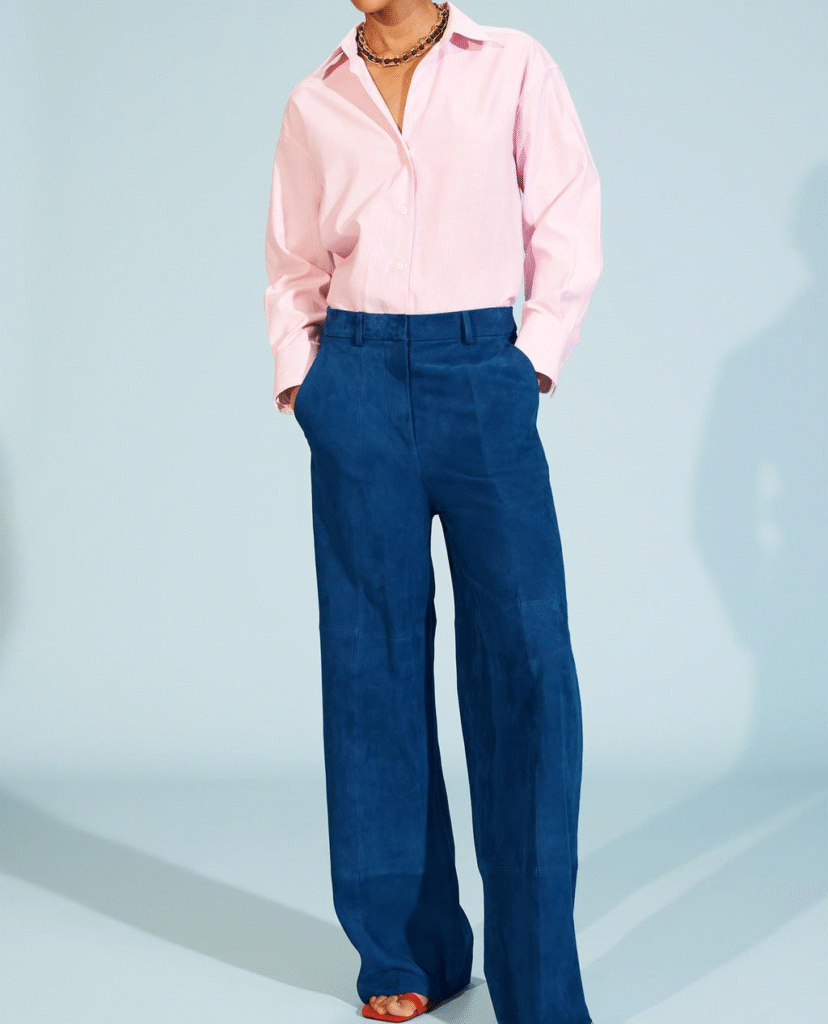 Custom Women Clothes Everyday Elegance Pink Shirt Blue Suede Pants Outfit