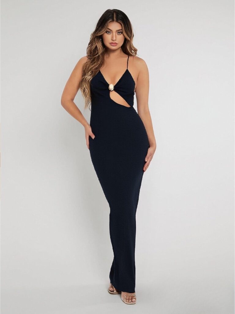 Custom Dress Navy Blue Spaghetti Strap Maxi Dress with Cut Out Gold Accent Dresses