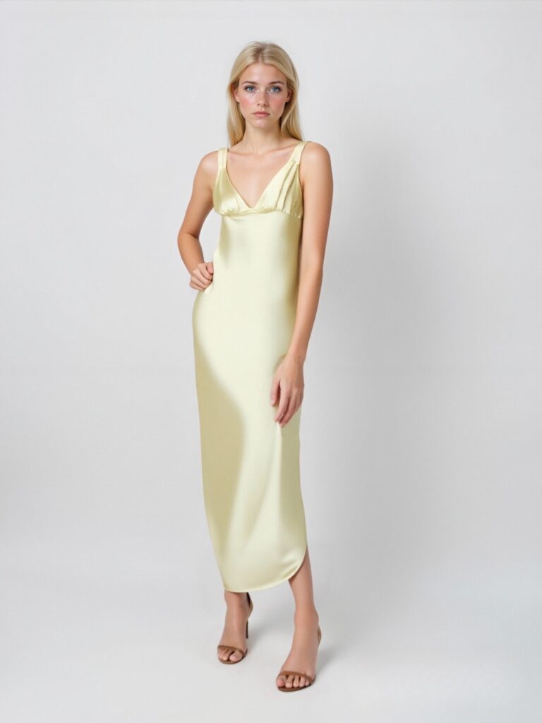 Custom Women Clothes Light Yellow Satin Midi Dress with V Neck Slip Design Dresses