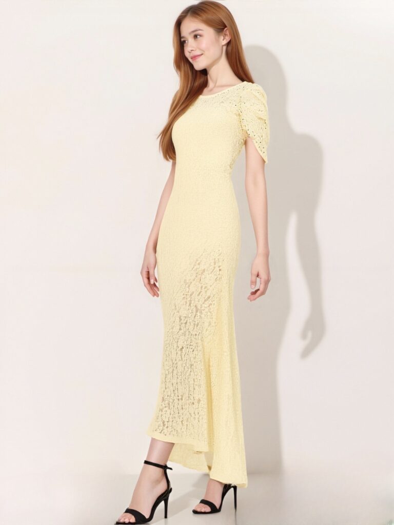 Custom Pale Yellow Bodycon Lace Maxi Dress Unique Hem Puff Sleeve Detail Dresses