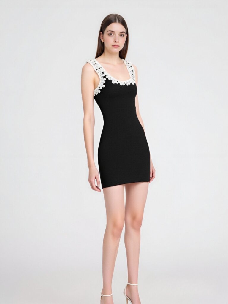 Custom Black Knit Dress with White Floral Embroidered Square Neckline Sleeveless Design