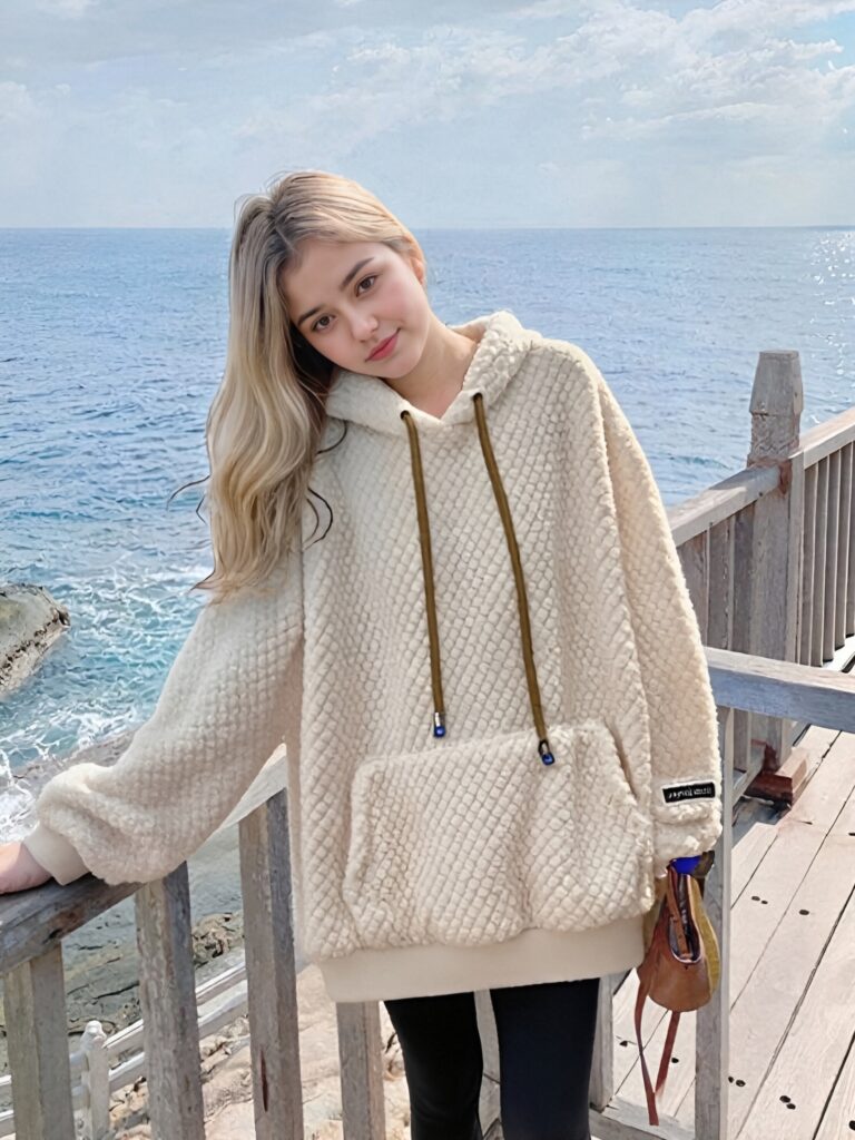 Beige Textured Fleece Hoodies Oversized Cozy Knit Design with Drawstring Hoodies