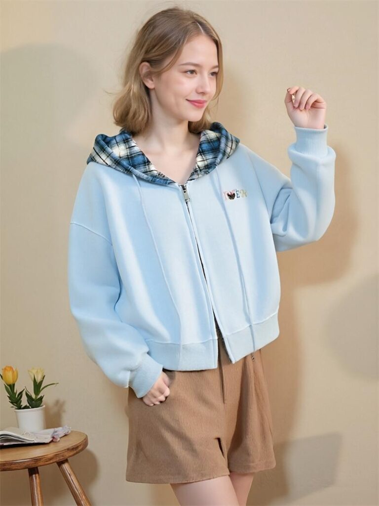 Light Blue Zip Up Hoodie with Plaid Lined Hoodies Cute Embroidered Detail Hoodies