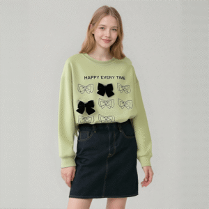 Customizable Light Green Bow-Embellished Sweatshirt Casual Top Dark Denim Mini Skirt