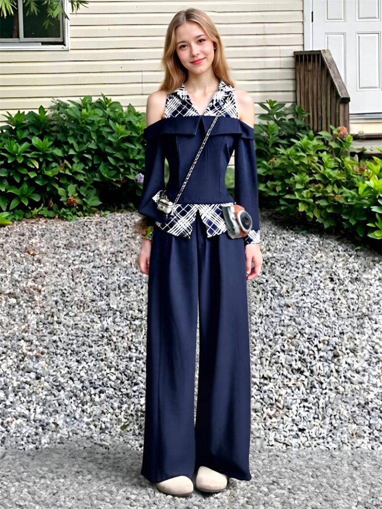 Clothing Manufacturer Navy Blue Off-Shoulder Tops with Plaid Accents Long Sleeve Wide Leg Pant