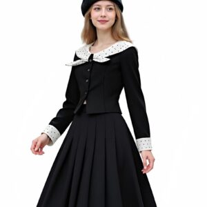 Vintage Black Two-Piece Set with Polka Dot Accents Elegant Cropped Jacket Pleated Midi Skirt