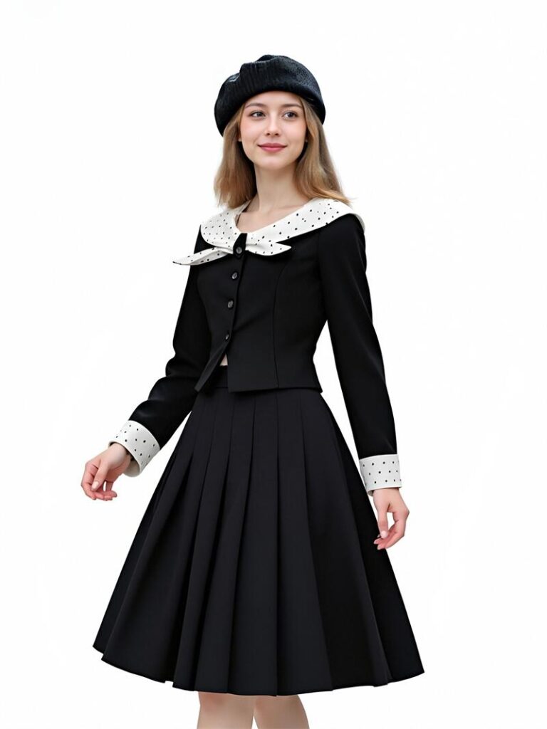 Vintage Black Two-Piece Set with Polka Dot Accents Elegant Cropped Jacket Pleated Midi Skirt