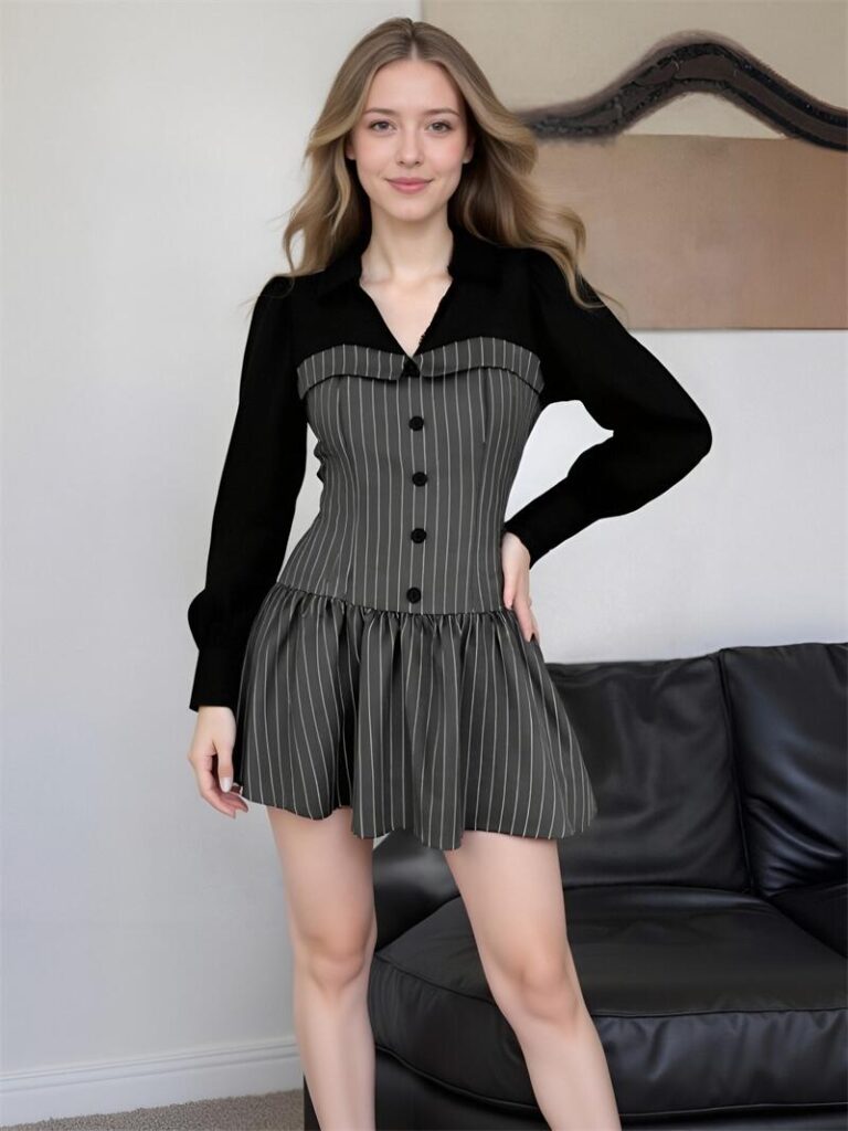 Women's Vintage-Inspired Pinstripe Mini Dress with Black Contrast Collar Long Puff Sleeves