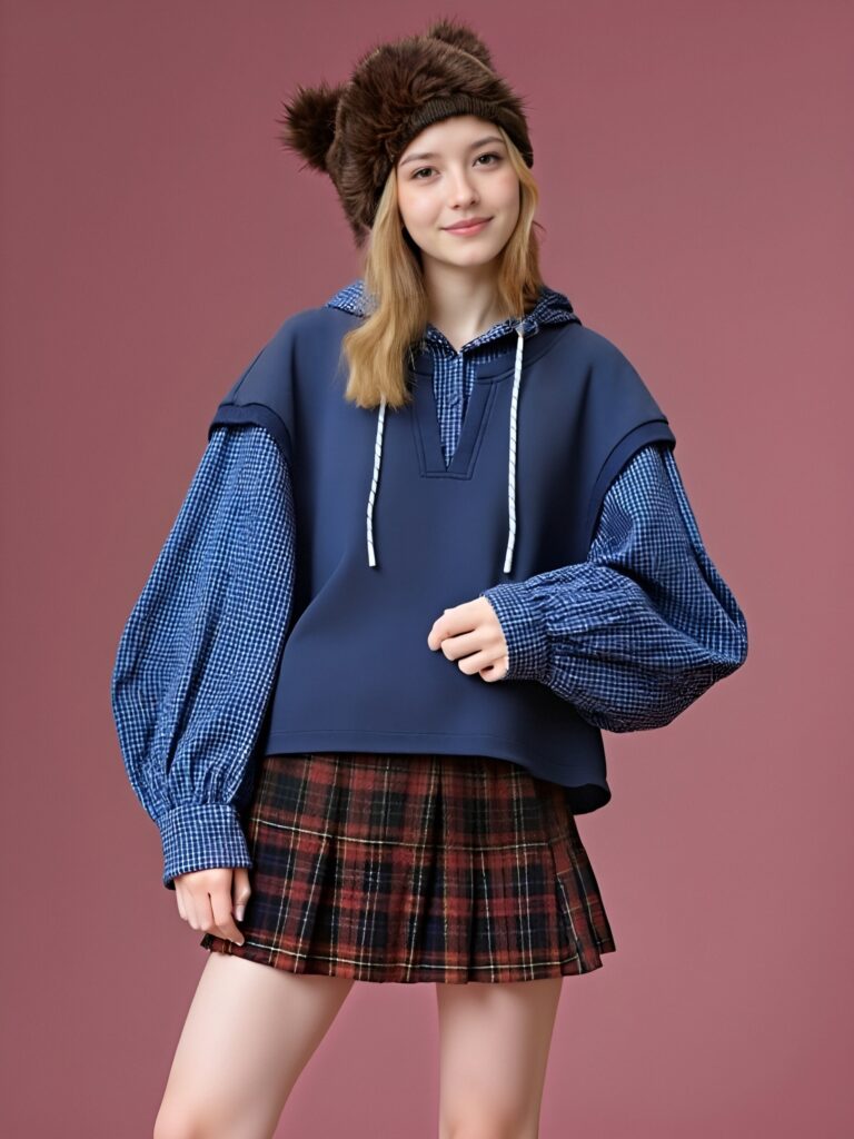 Women's Preppy Style Layered Hoodie with Checkered Puff Sleeves Plaid Pleated Mini Skirt Casual Chic Two-Piece Outfit