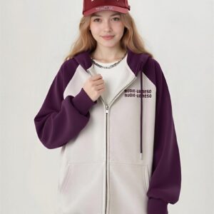 Women's Color-Block Zip-Up Hoodie Oversized Casual Sweatshirt with Pockets Drawstring Hoodies