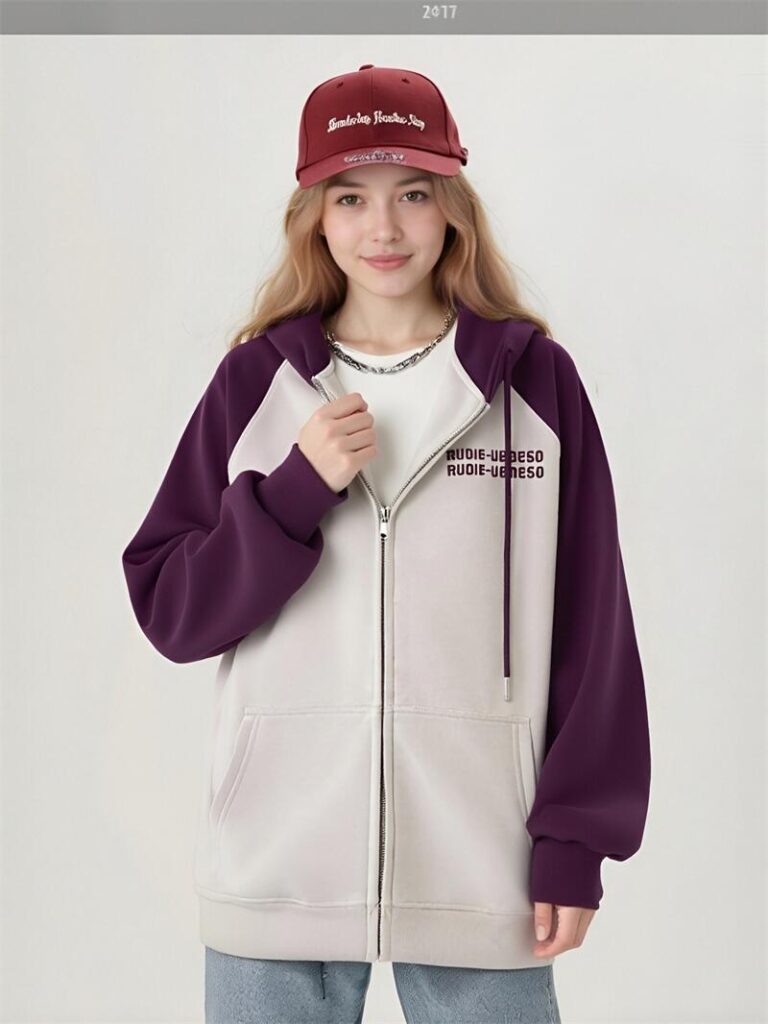 Women's Color-Block Zip-Up Hoodie Oversized Casual Sweatshirt with Pockets Drawstring Hoodies
