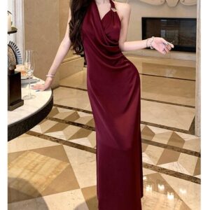 Customizable Burgundy Satin Halter Cowl Neck Maxi Dress Tailored Elegance Dresses