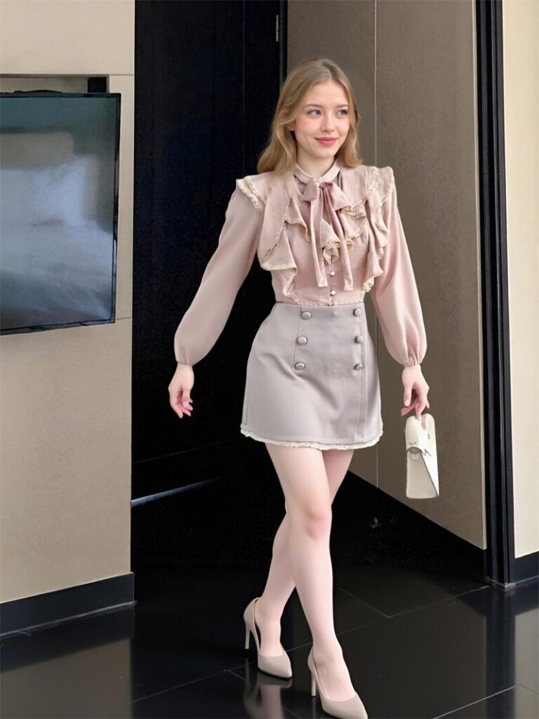 OEM ODM Women Clothes Customizable Vintage Inspired Ruffled Blouse Double Breasted Skirt