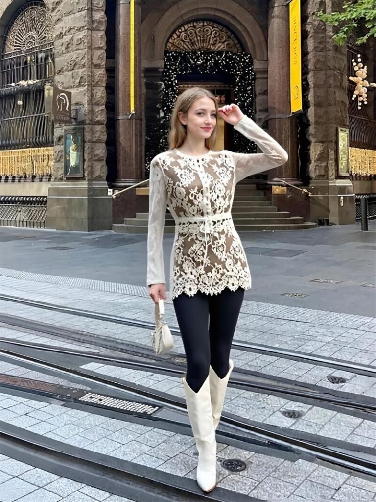 Customizable Beige Lace Embroidered Long Sleeve Tunic Personalized Vintage Inspired Elegance Dresses