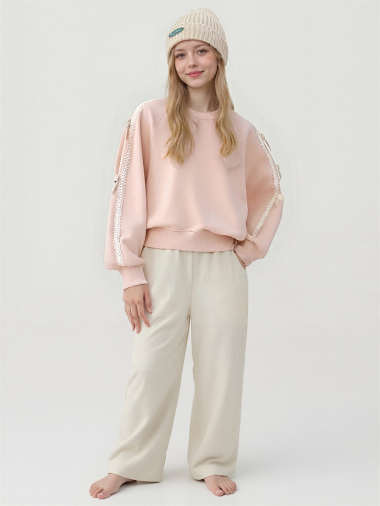 Customizable Pink Embroidered Accent Sweatshirt Beige Wide Leg Pants Sets