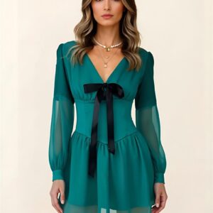 Teal Chiffon Mini Dress with Deep V-Neck Sheer Lantern Sleeves Black Bow Accent