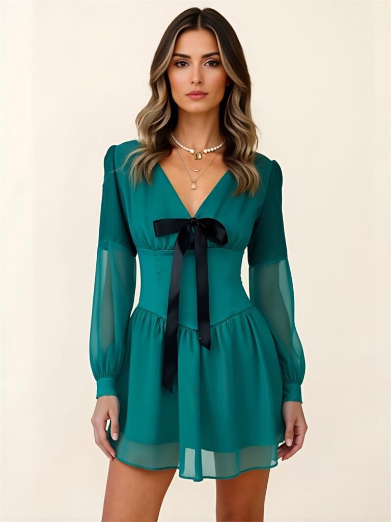 Teal Chiffon Mini Dress with Deep V-Neck Sheer Lantern Sleeves Black Bow Accent