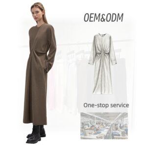 Apparel Manufacturer Women's Brown Long Sleeve Maxi Dress with V Neck Waist Pleat Dresses for Women