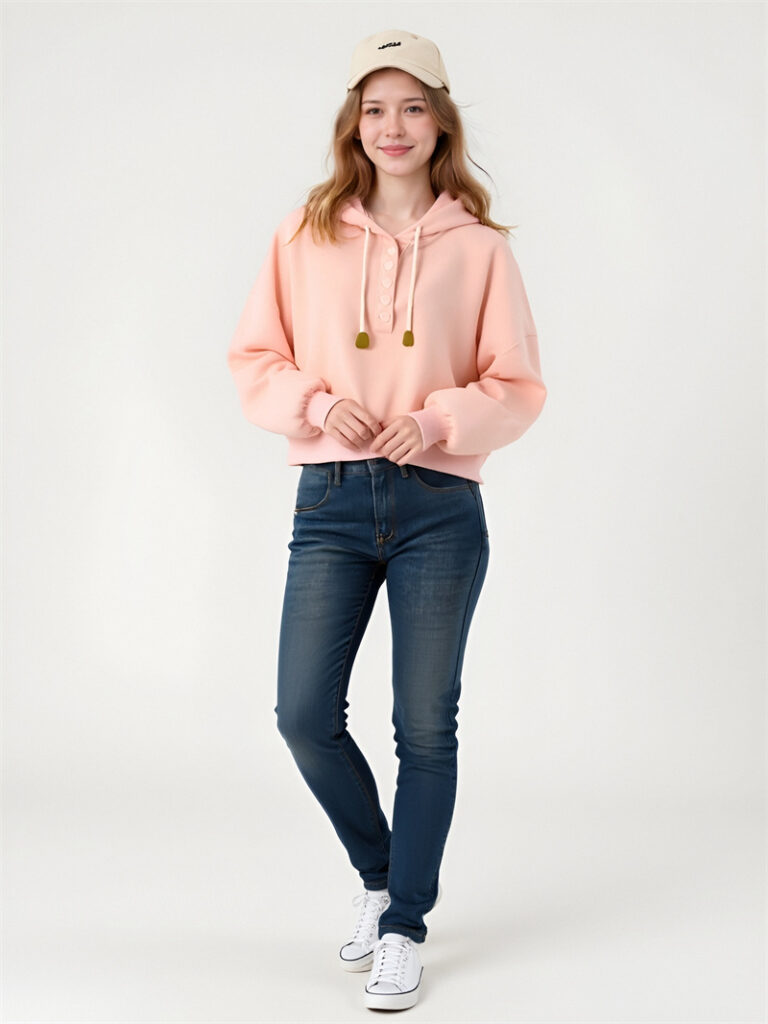 Women's Casual Ensemble Peach Buttoned Hoodie Dark Denim Skinny Jeans