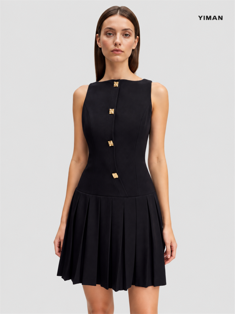 PR2505037 black sleeveless pleated mini dress, front model view