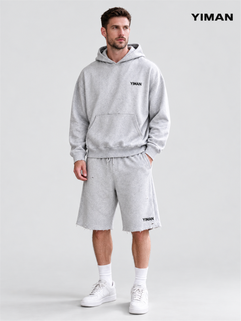 LIS-2606S grey cotton hoodie and shorts set shown on a model, front view