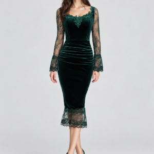 PE2601011 velvet and lace midi dress: 01-model-front