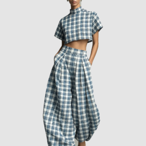 PE2602024 plaid crop top and wide-leg pants set: 01-model-front