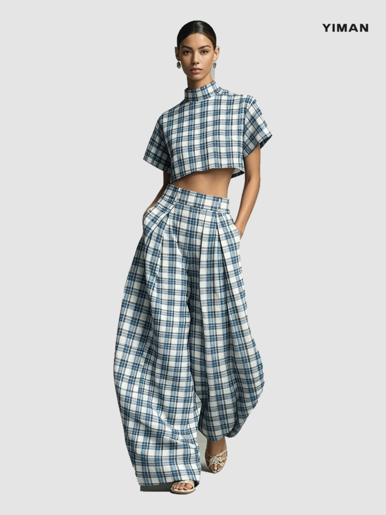 PE2602024 plaid crop top and wide-leg pants set: 01-model-front