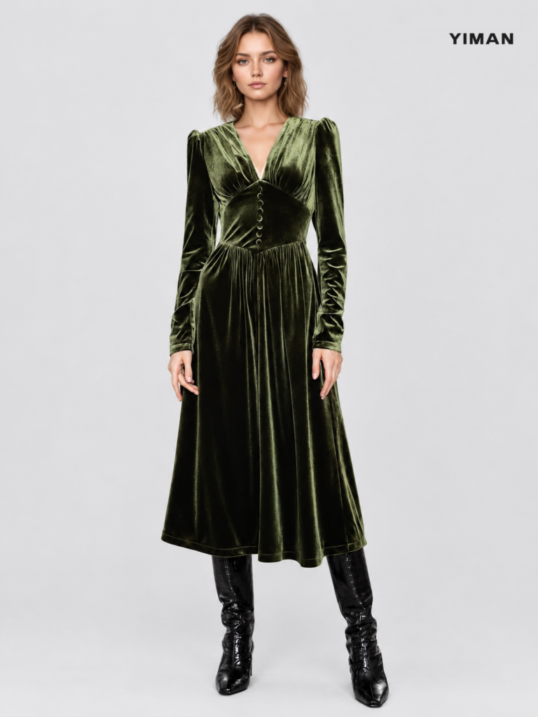 PQ2509081 V-neck velvet dress: 01-model-front