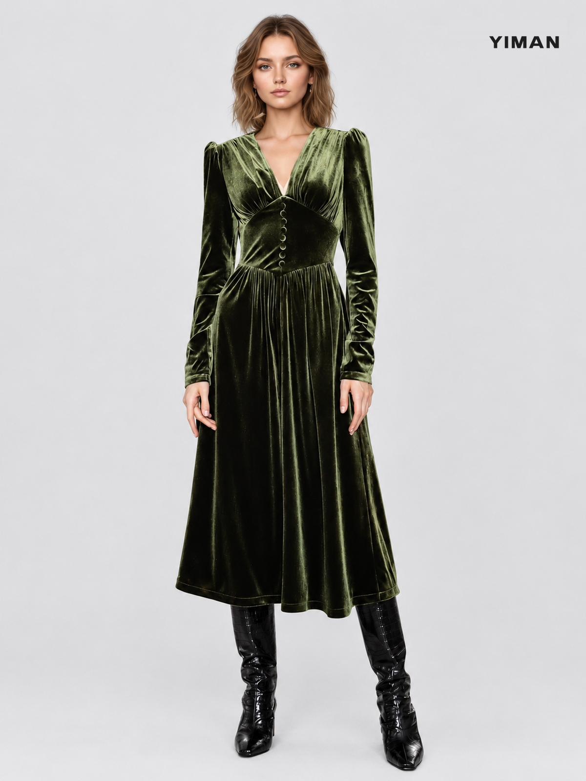 PQ2509081 01-model-front PQ2509081 V-neck velvet dress: 01-model-front