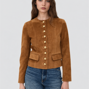Brown faux suede collarless jacket with metallic buttons: 01-model-front view.
