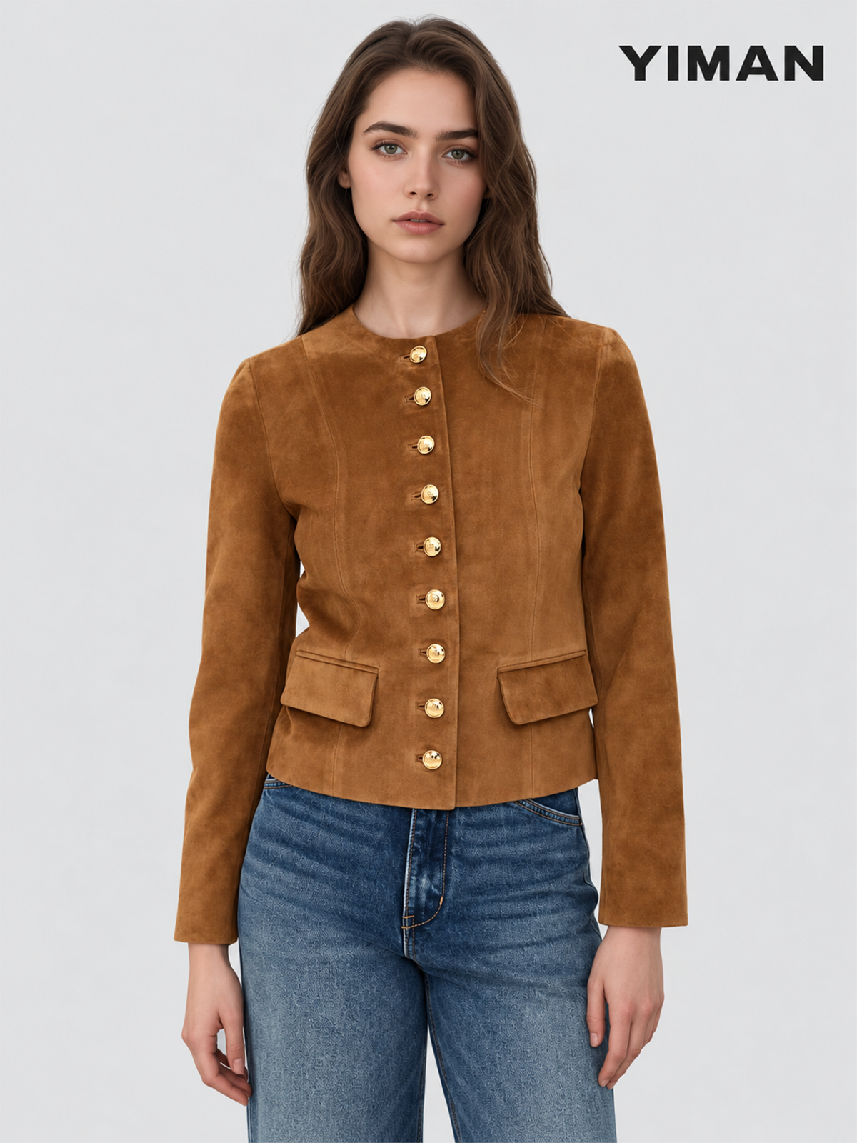 PR2507111 01-model-front Brown faux suede collarless jacket with metallic buttons: 01-model-front view.