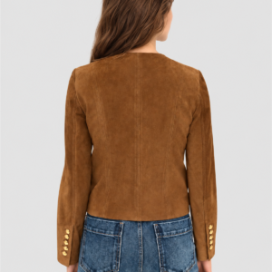 Brown faux suede collarless jacket with metallic buttons: 02-model-back view.