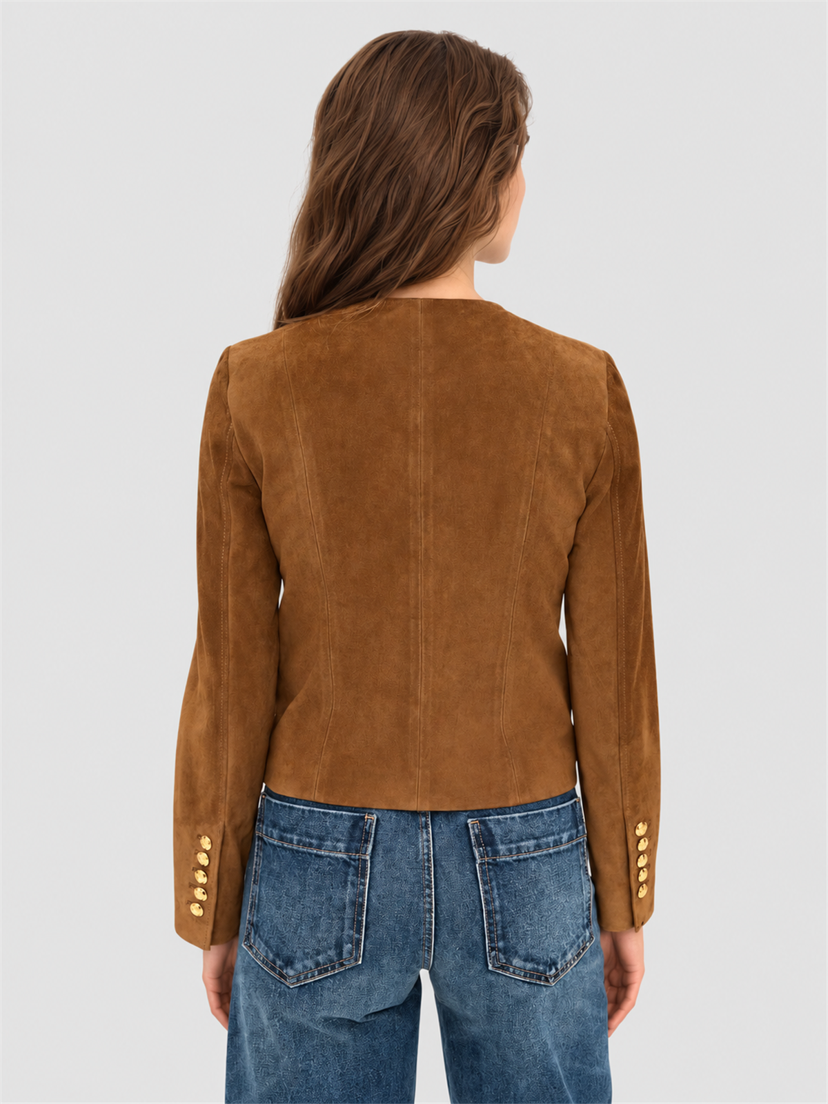 PR2507111 02-model-back Brown faux suede collarless jacket with metallic buttons: 02-model-back view.