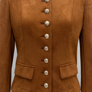 Brown faux suede collarless jacket with metallic buttons: 04-detail view.