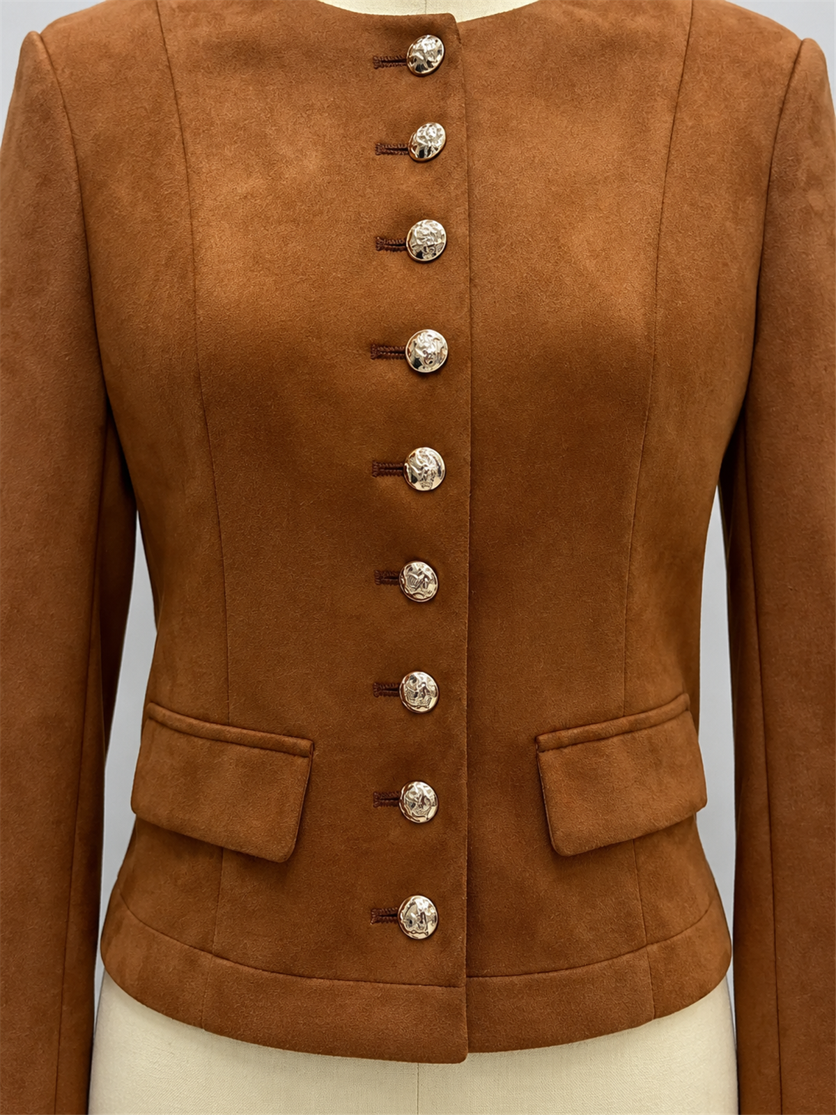 PR2507111 04-detail Brown faux suede collarless jacket with metallic buttons: 04-detail view.