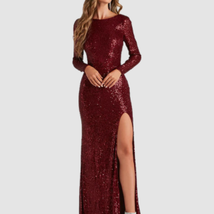 RY0204 long-sleeve sequin slit evening gown: 01-model-front