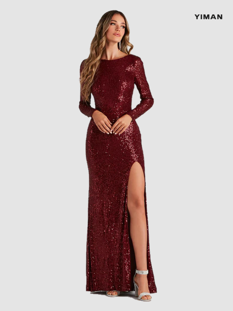 RY0204 long-sleeve sequin slit evening gown: 01-model-front