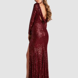 RY0204 long-sleeve sequin slit evening gown: 02-model-back